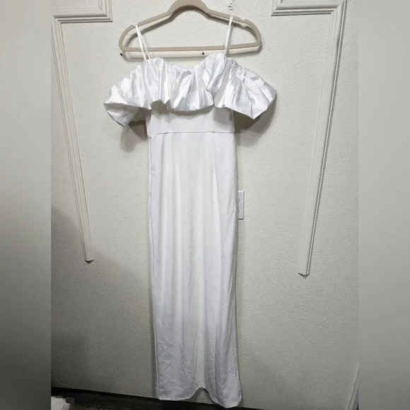 Lulu's Sincerely Passionate White Ruffled Off-the-Shoulder Maxi Dress S Wedding - Picture 12 of 13